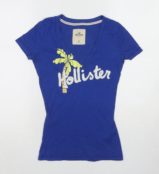 Hollister Womens Blue Cotton Basic T-Shirt Size XS V-Neck - Palm Tree