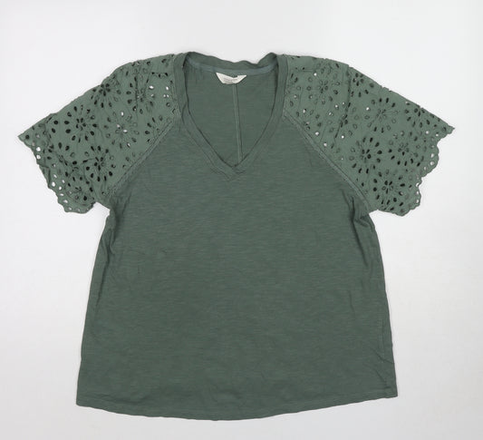 Per Una Womens Green Cotton Basic T-Shirt Size 14 V-Neck - Broderie Anglaise