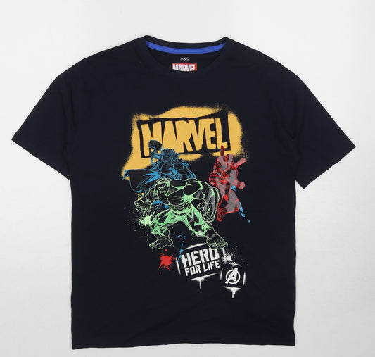 Marks and Spencer Boys Blue Cotton Pullover T-Shirt Size 13-14 Years Crew Neck Pullover - Marvel