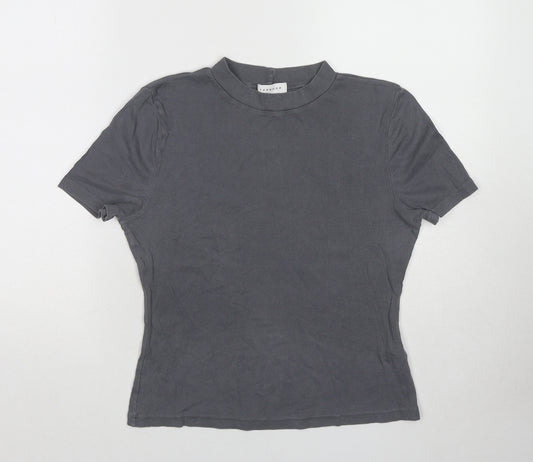 Topshop Womens Grey Cotton Basic T-Shirt Size 12 Mock Neck - Ribbed