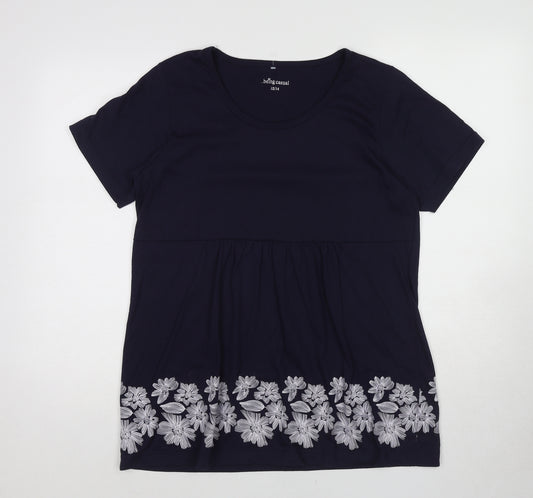 Being Casual Womens Blue Floral Cotton Basic T-Shirt Size 12 Boat Neck - Size 12-14