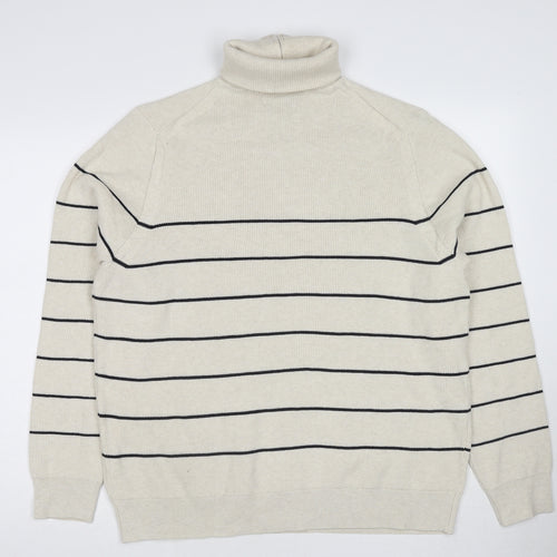 Marks and Spencer Mens Ivory Roll Neck Striped Polyester Henley Jumper Size XL Long Sleeve