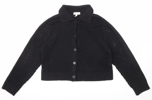 H&M Womens Black Collared Cotton Cardigan Jumper Size M