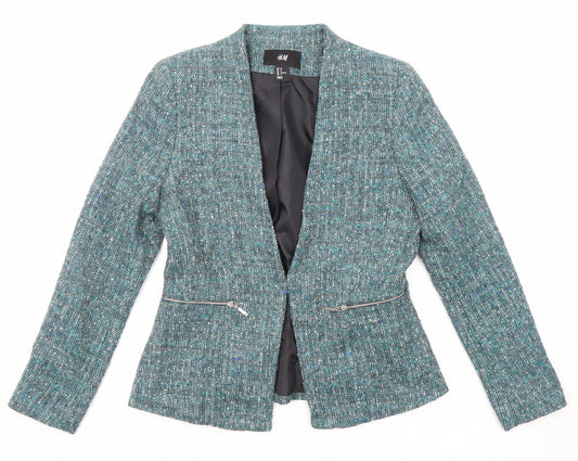 H&M Womens Blue Geometric Jacket Blazer Size 8 Hook & Eye