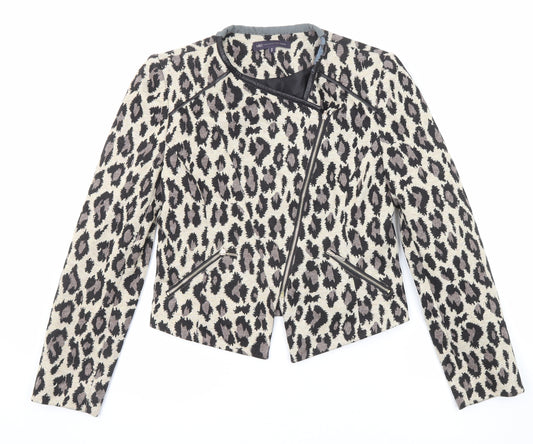 Marks and Spencer Womens Beige Animal Print Biker Jacket Size 8 Zip - Leopard Print