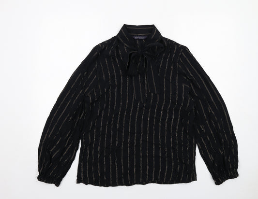 Marks and Spencer Womens Black Striped Viscose Basic Blouse Size 12 Collared - Pussy Bow Neck