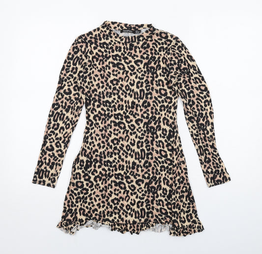 Boohoo Womens Black Animal Print Viscose A-Line Size 8 Round Neck Pullover - Leopard pattern