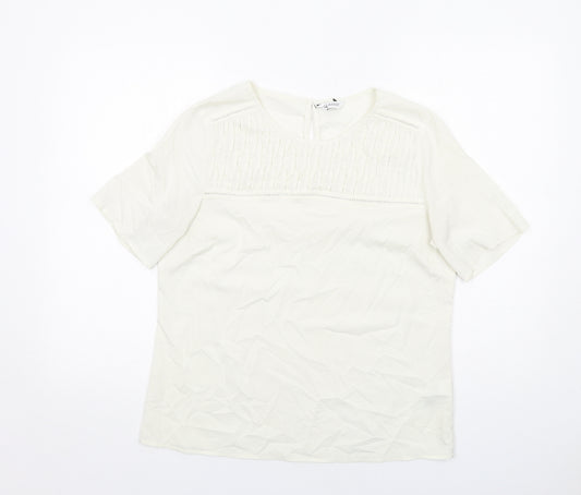 Classic Womens Ivory Polyester Basic T-Shirt Size 12 Round Neck