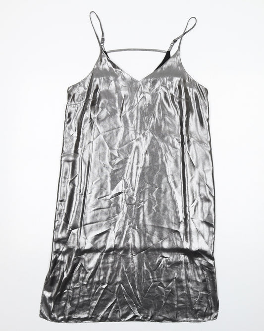 River Island Womens Silver Polyester Slip Dress Size 12 V-Neck Pullover