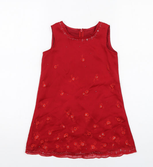 Marks and Spencer Girls Red Polyester A-Line Size 5 Years Boat Neck Zip - Floral Detail