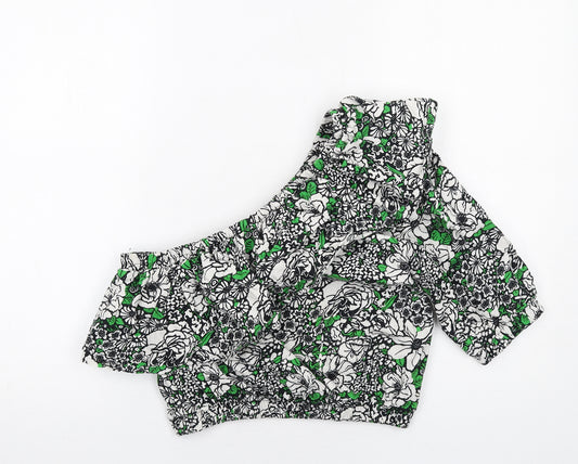 Topshop Womens Green Floral Cotton Cropped Blouse Size 16 One Shoulder