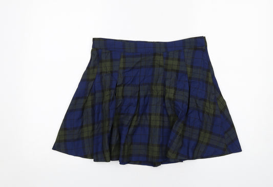 H&M Womens Blue Plaid Polyester Swing Skirt Size 14 Zip