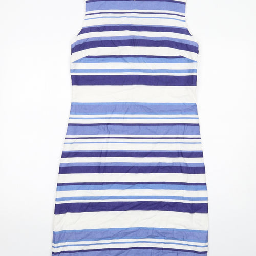 Pomodoro Womens Blue Striped Cotton Shift Size 10 Round Neck Zip