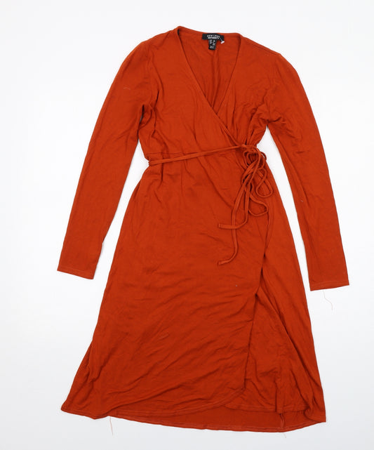 New Look Womens Orange Viscose Wrap Dress Size 10 V-Neck Tie