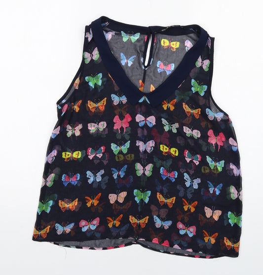 Zara Womens Blue Geometric Polyester Basic Blouse Size L V-Neck - Butterfly Pattern