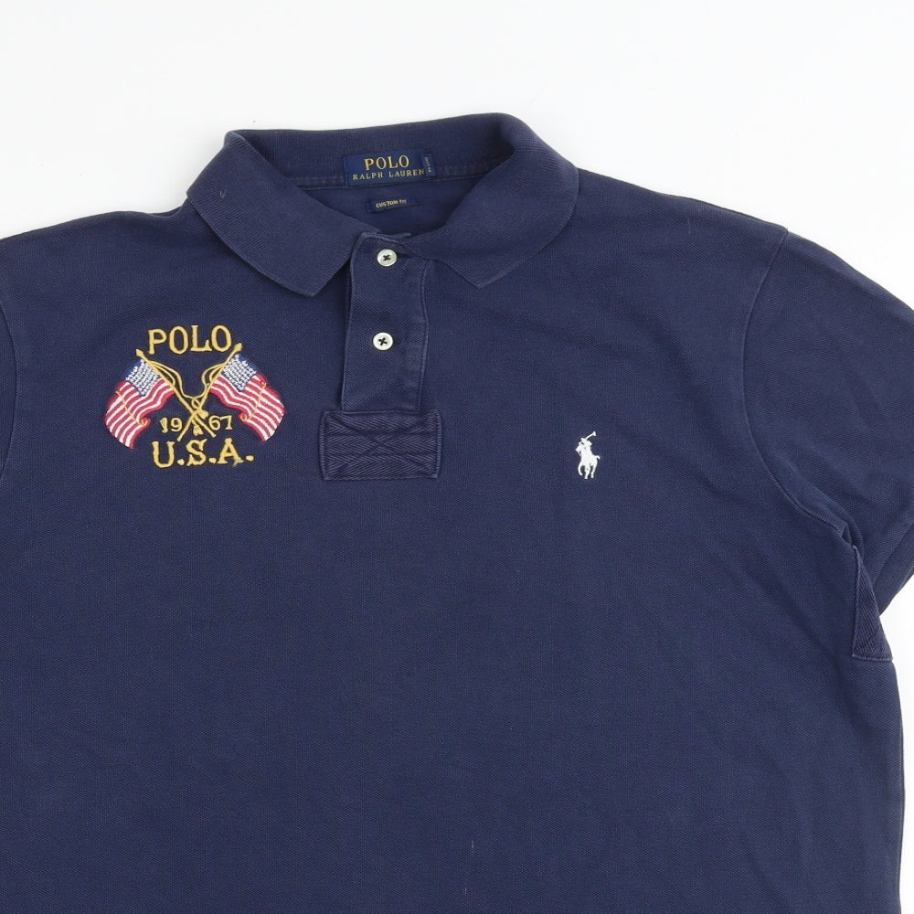 Polo Ralph Lauren Mens Blue 100% Cotton Polo Size L Collared Button