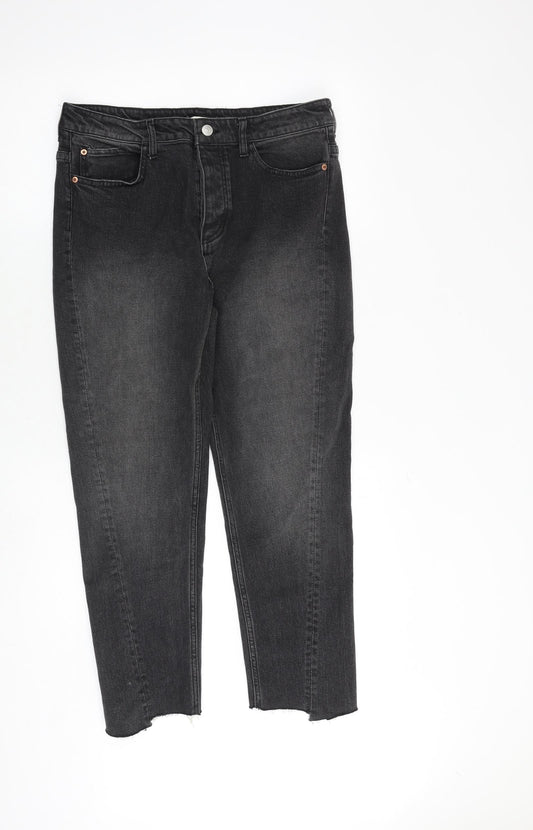 H&M Womens Grey Cotton Straight Jeans Size 12 Regular Button - Raw Hem