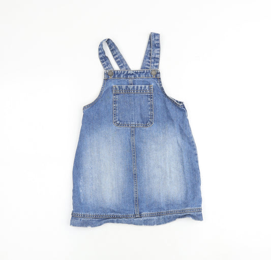 F&F Girls Blue 100% Cotton Pinafore/Dungaree Dress Size 5-6 Years Square Neck Button