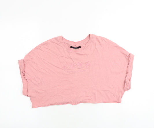 Bershka Womens Pink Polyester Cropped T-Shirt Size S Crew Neck