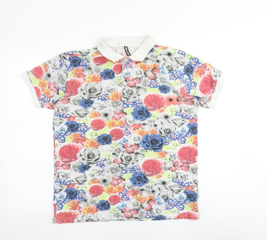 New Love Club Mens Multicoloured Floral 100% Cotton Polo Size M Collared Button
