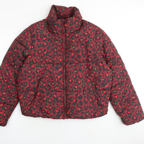 Jacqueline de Yong Womens Red Animal Print Puffer Jacket Jacket Size XL Zip