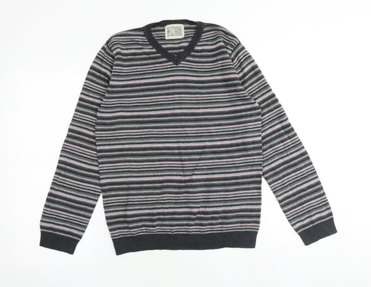 BHS Mens Multicoloured V-Neck Striped Cotton Pullover Jumper Size S Long Sleeve