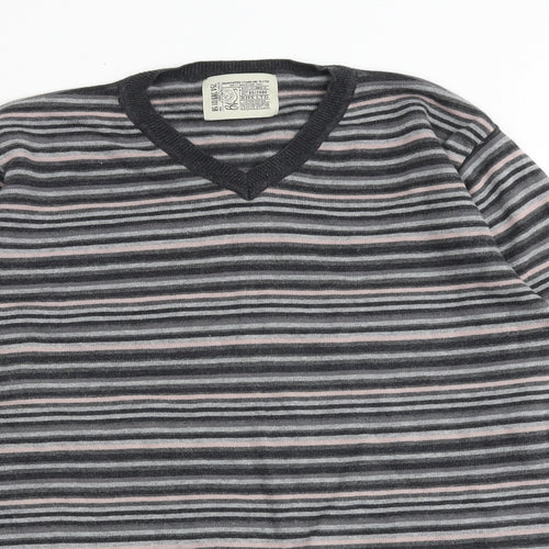 BHS Mens Multicoloured V-Neck Striped Cotton Pullover Jumper Size S Long Sleeve