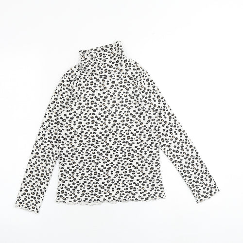 Marks and Spencer Girls White Animal Print Cotton Basic T-Shirt Size 8-9 Years Mock Neck Pullover - Leopard Print
