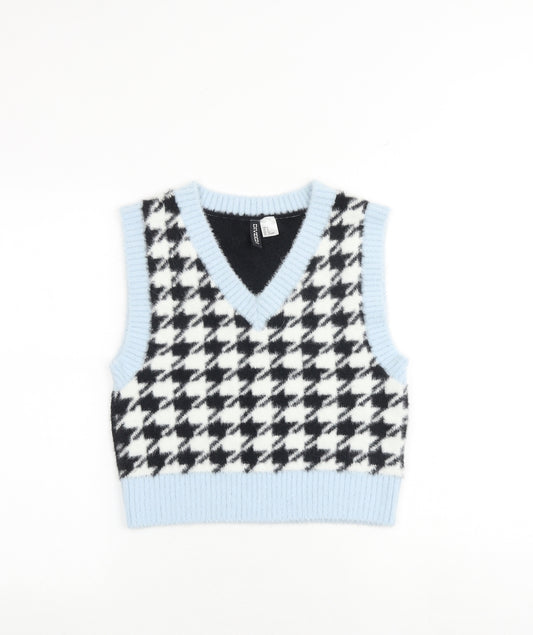 H&M Womens Multicoloured V-Neck Geometric Polyamide Vest Jumper Size S