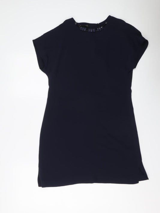 Zara Womens Blue Polyester A-Line Size S Round Neck Button - Embellished Neckline