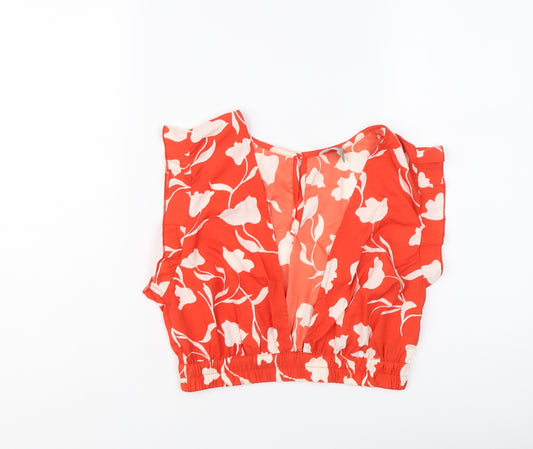ASOS Womens Red Floral Polyester Cropped Blouse Size 10 V-Neck