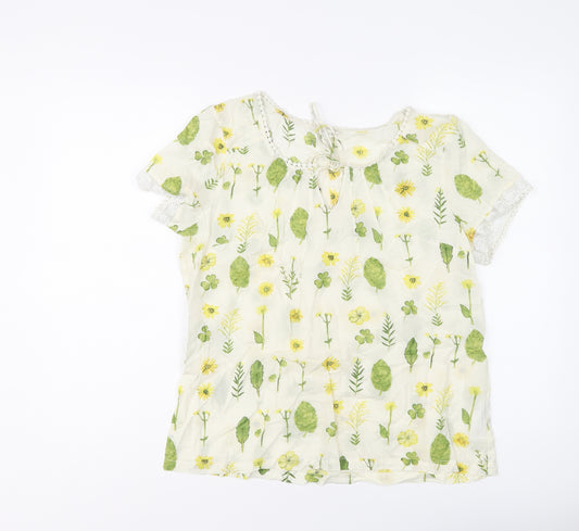 Monsoon Womens Beige Geometric Cotton Basic T-Shirt Size 12 Round Neck - Leaf Print