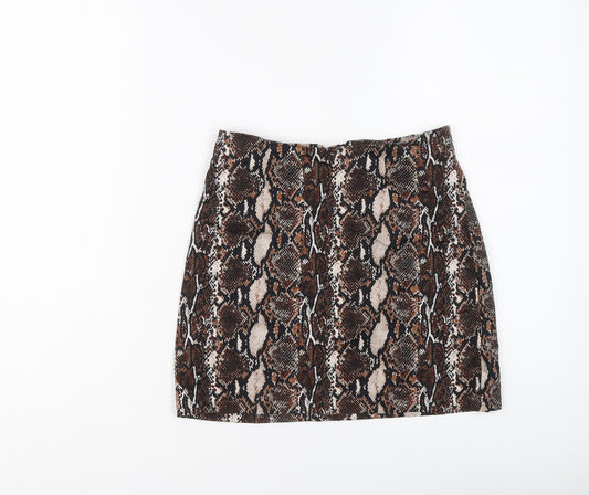 Pull&Bear Womens Brown Animal Print Cotton Mini Skirt Size S Zip - Snakeskin pattern