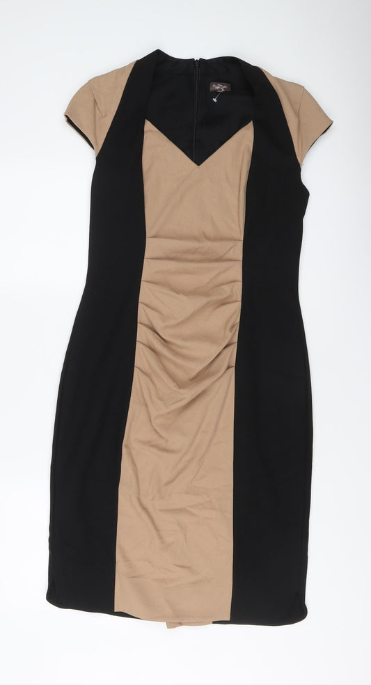 Phase Eight Womens Black Colourblock Polyester Pencil Dress Size 14 V-Neck Zip