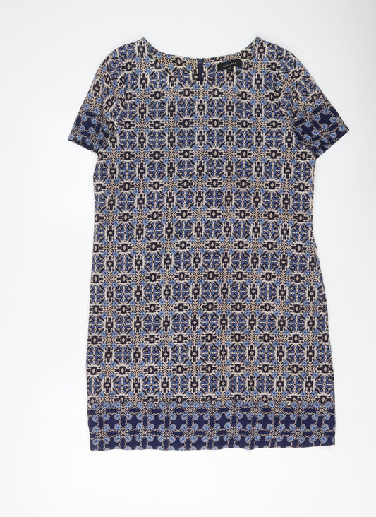 New Look Womens Blue Geometric Polyester Shift Size 12 Boat Neck Zip - Mosaic Print