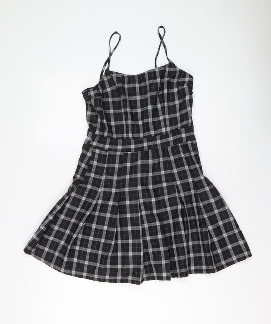 H&M Womens Black Plaid Polyester Skater Dress Size 8 Square Neck Zip