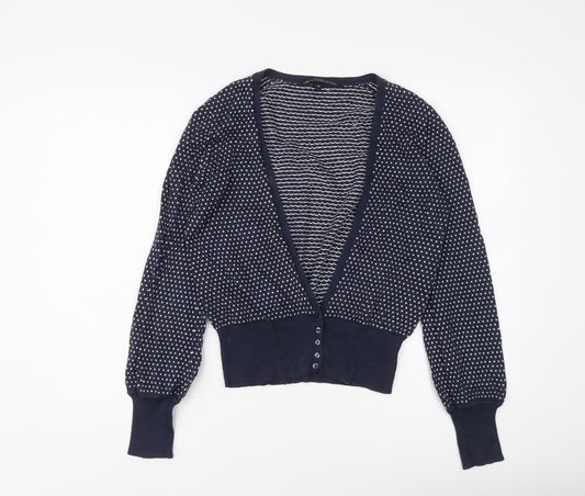 Marks and Spencer Womens Blue V-Neck Geometric Cotton Cardigan Jumper Size M