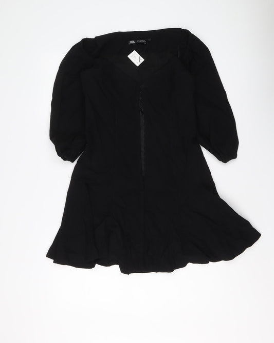 Zara Womens Black Cotton A-Line Size M V-Neck Hook & Eye