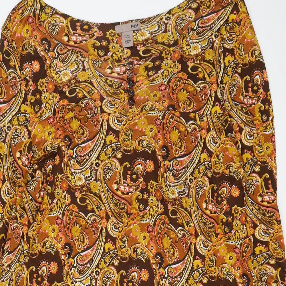 H&M Womens Brown Paisley Viscose Tunic Blouse Size 14 Boat Neck