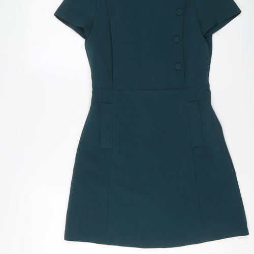 Zara Womens Green Polyester Shift Size S Round Neck Zip