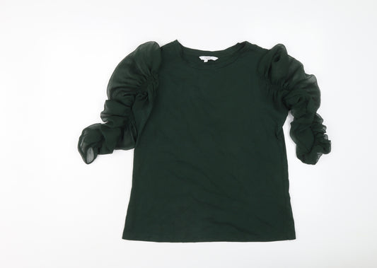 NEXT Womens Green Cotton Basic T-Shirt Size 12 Crew Neck - Sheer Ruched Sleeves