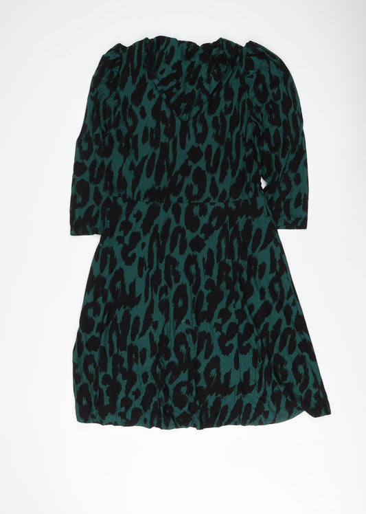 Wallis Womens Green Animal Print Viscose A-Line Size 12 Boat Neck Pullover - Leopard pattern