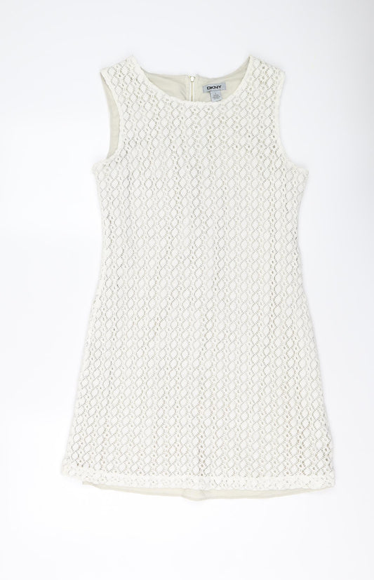 DKNY Womens Ivory Geometric Cotton Shift Size 8 Round Neck Zip