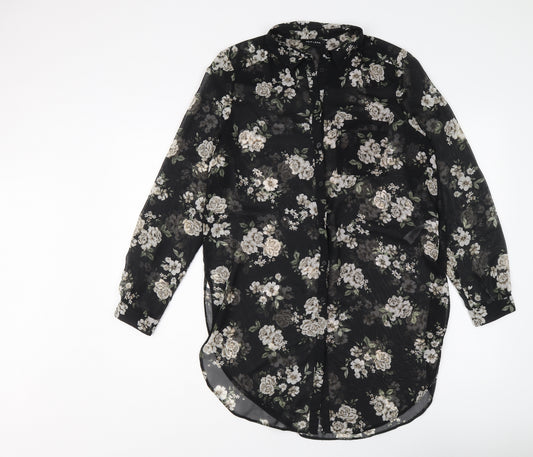 New Look Womens Black Floral Polyester Tunic Button-Up Size 14 Collared