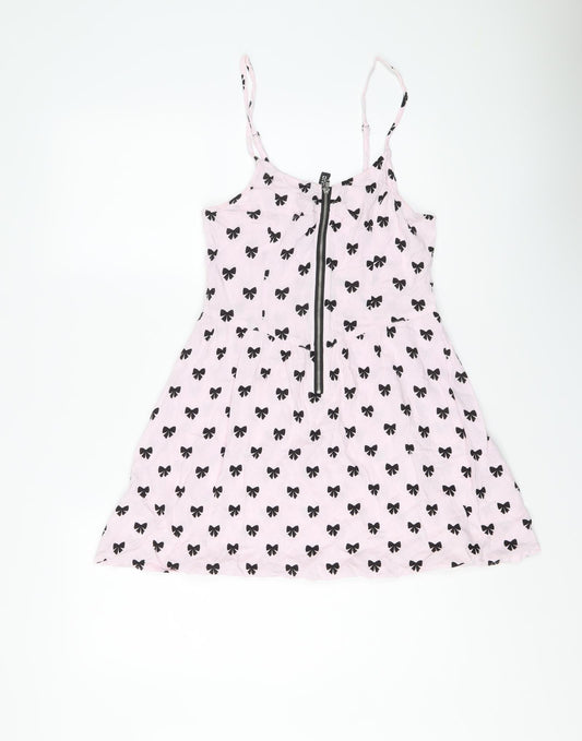 H&M Womens Pink Geometric Viscose Slip Dress Size 10 Round Neck Zip - Bow pattern