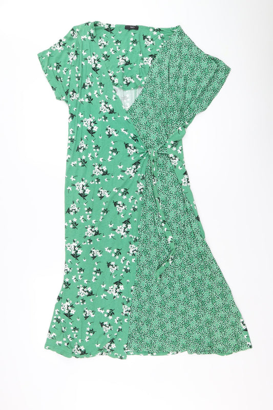 M&Co Womens Green Floral Viscose Wrap Dress Size 16 V-Neck Tie