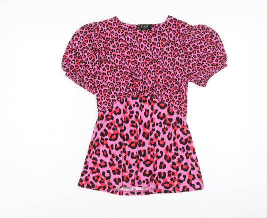 Lipsy Womens Pink Animal Print Polyester Basic Blouse Size 8 Round Neck - Leopard Print