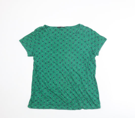 Marks and Spencer Womens Green Geometric Cotton Basic T-Shirt Size 12 Round Neck