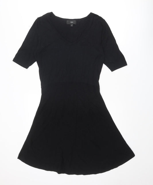 NEXT Womens Black Cotton Skater Dress Size 12 V-Neck Pullover