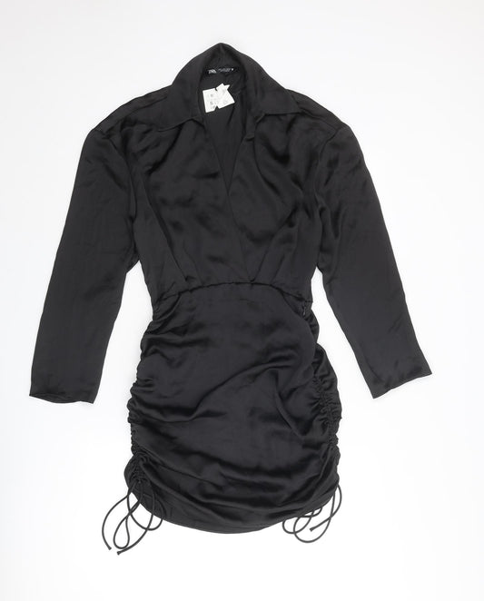 Zara Womens Black Polyester Shirt Dress Size S Collared Zip